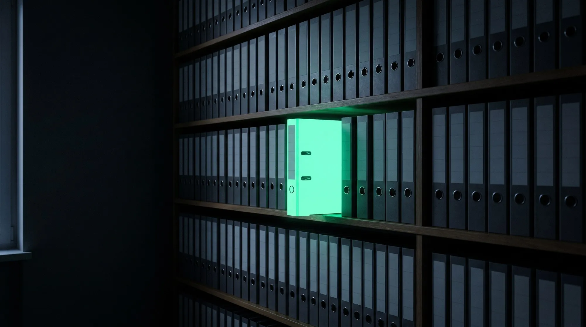A wall of grey binders. One of them glows mint.